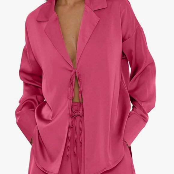 DEEP SELF Hot Pink Tie-Front Pajama Set- MEDIUM - Picture 1 of 8